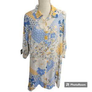 Indigo Rose Women's White Blue Yellow Patchwork Print Duster Tunic Blouse Top XL